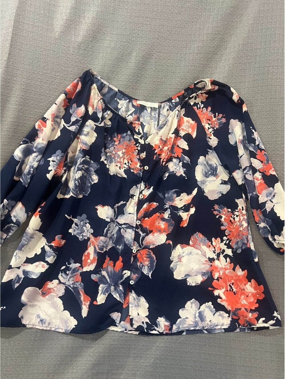 August Mist Women XL Navy Coral Floral 3/4 Sleeve Tunic Blouse